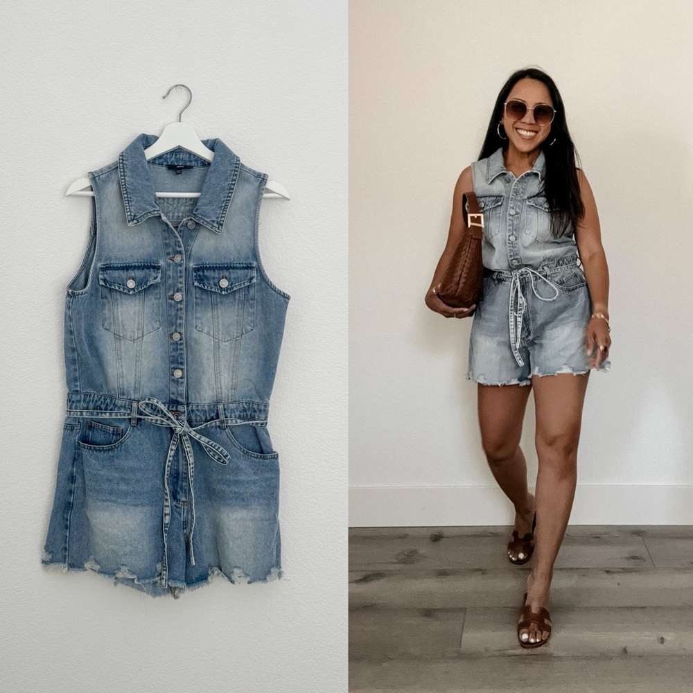 Blue Denim Tie Waist Frayed Hem Romper (S)